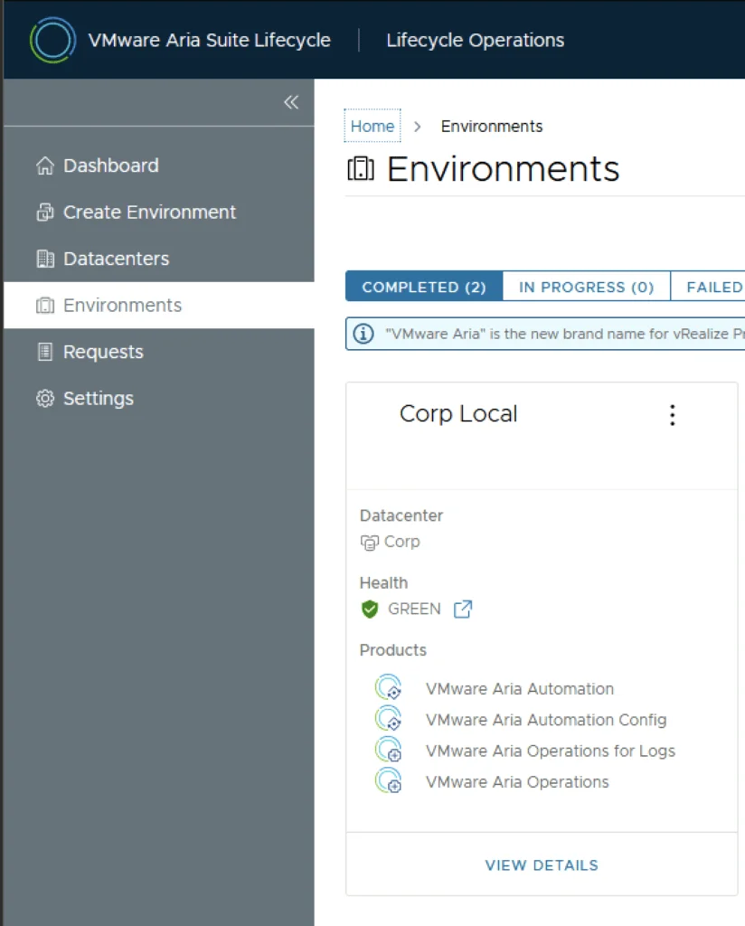 The screenshot shows VMware Aria Suite Lifecycle with Environments, Corp Local, Datacenter Corp, HEALTH GREEN, and Products including Aria Automation.