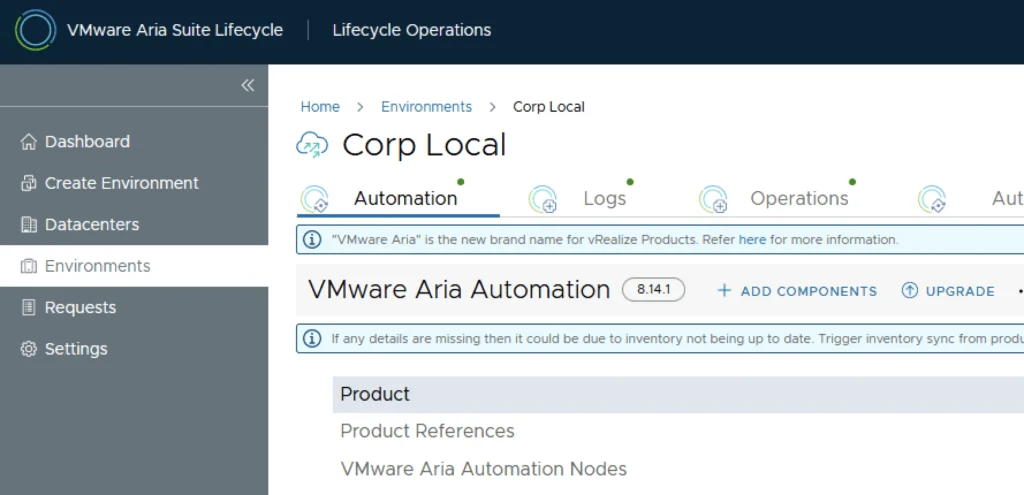 The UI shows VMware Aria Automation version 8.14.1 with upgrade and add components options.