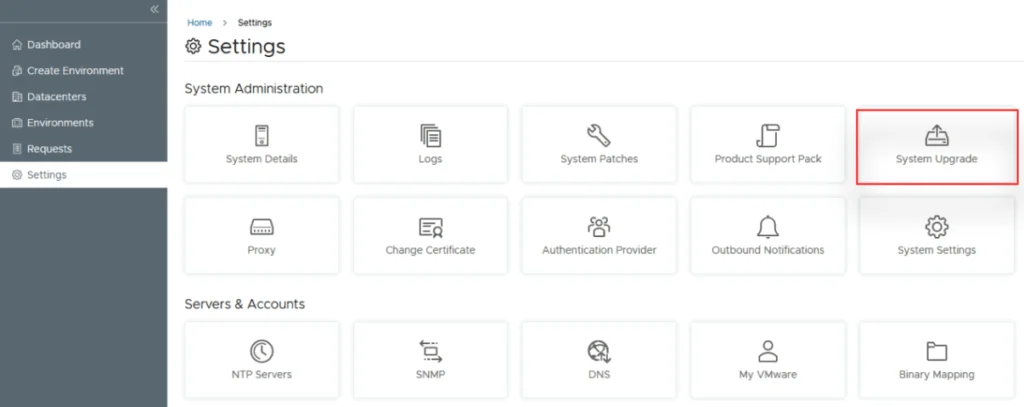 Settings page with System Upgrade highlighted for VMware Aria Suite Lifecycle upgrade.