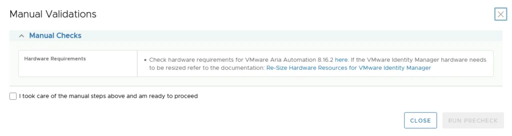 Manual validations screen for VMware Aria Automation 8.16.2 upgrade.
