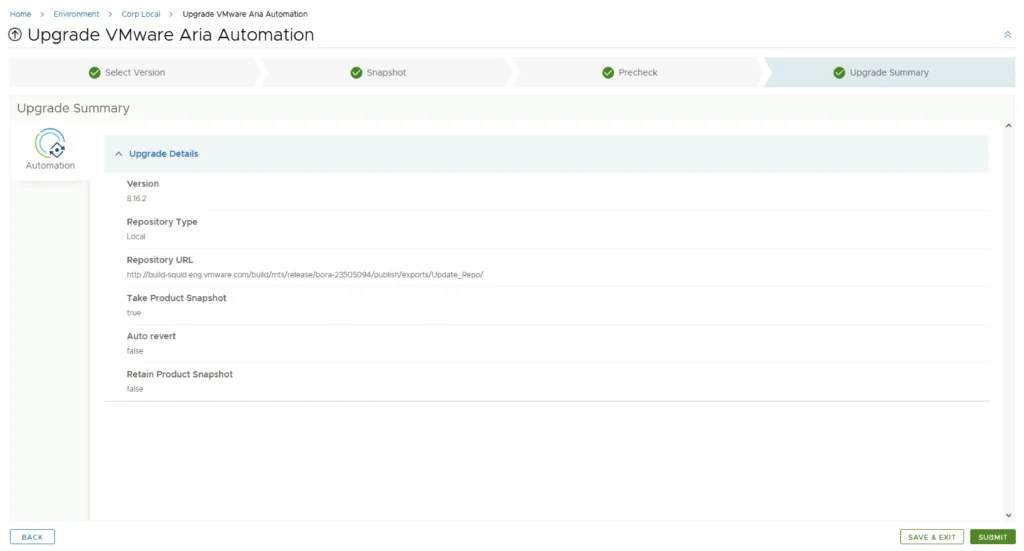 Upgrade summary shows version 8.16.2, local repo, and options for snapshot and auto revert.
