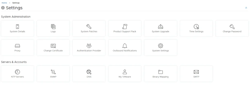 Settings page with options for system administration and server accounts, including upgrade, patches, and accounts management.