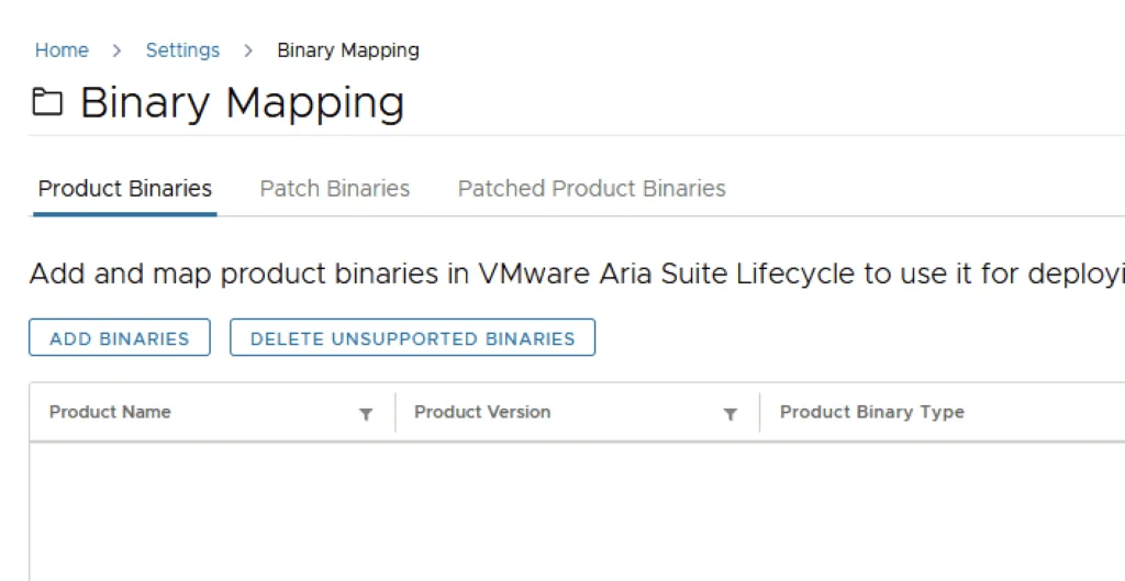 Binary Mapping screen shows options to add and map product binaries for VMware Aria Suite Lifecycle.