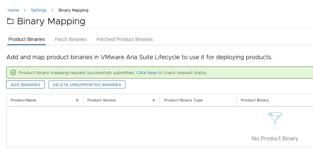 Binary Mapping page shows successful request submission for VMware Aria Suite Lifecycle.