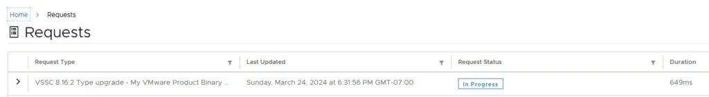 UI shows upgrade request for VMware Aria Automation Config 8.16.2 in progress.