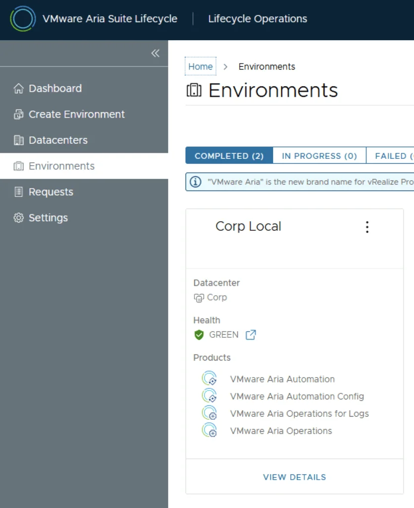 VMware Aria Automation Config environment details show green health and products list.
