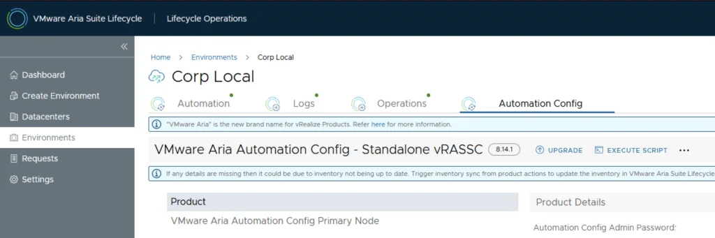 VMware Aria Automation Config page showing upgrade option to 8.14.1.