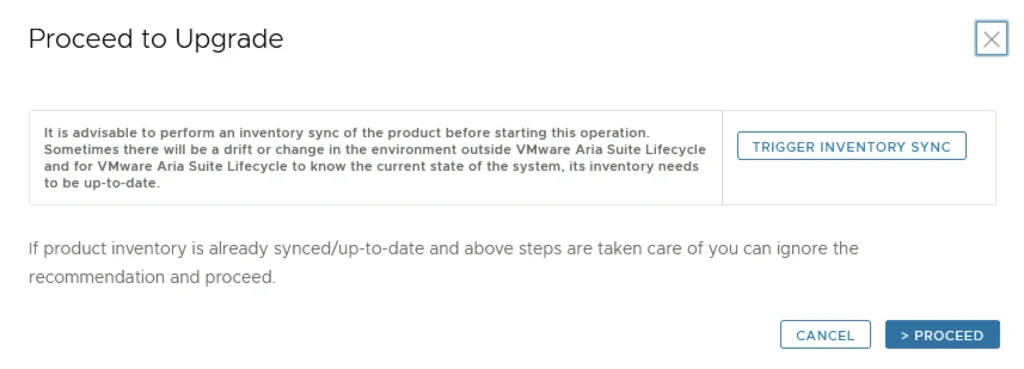Upgrade screen prompts syncing before proceeding; click “Trigger Inventory Sync” or “Proceed.