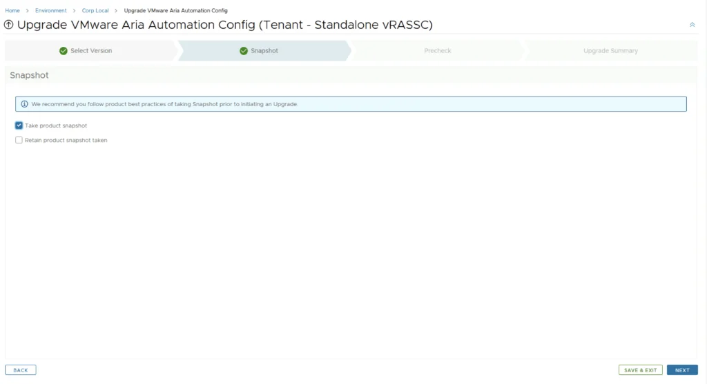 UI shows snapshot step for VMware Aria Automation Config upgrade, recommending taking a snapshot.