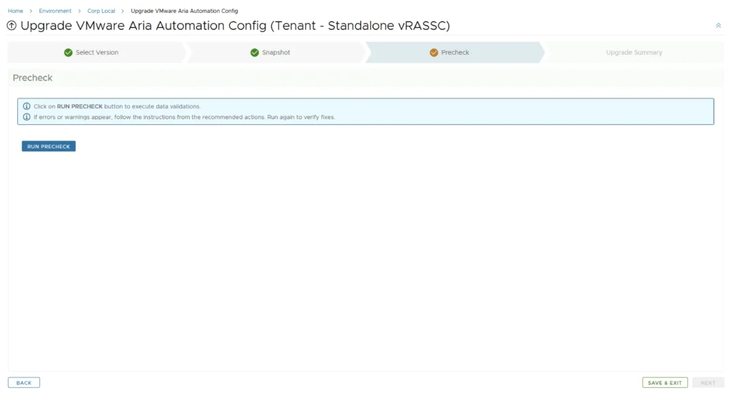 Upgrade VMware Aria Automation Config Precheck step. Click RUN PRECHECK to validate data.