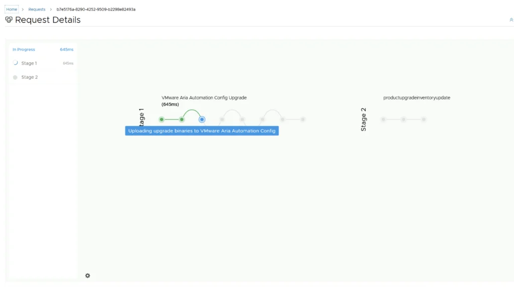 Upgrading VMware Aria Automation Config to 8.16.2 in progress. Stage 1 uploading binaries.