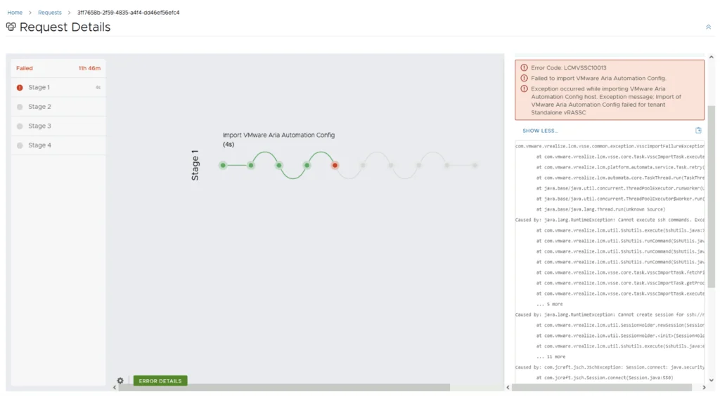 Error Code: LCMVSSC10013 shown in a VMware Aria Automation Config import request details, highlighting failed Stage 1 with error message.