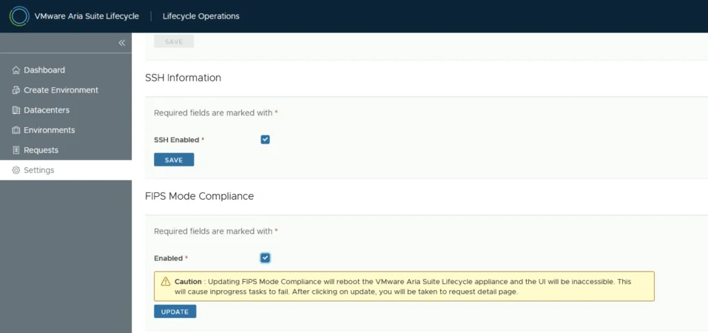 Settings page for FIPS Mode Compliance in VMware Aria Suite Lifecycle. Enabling FIPS requires reboot.