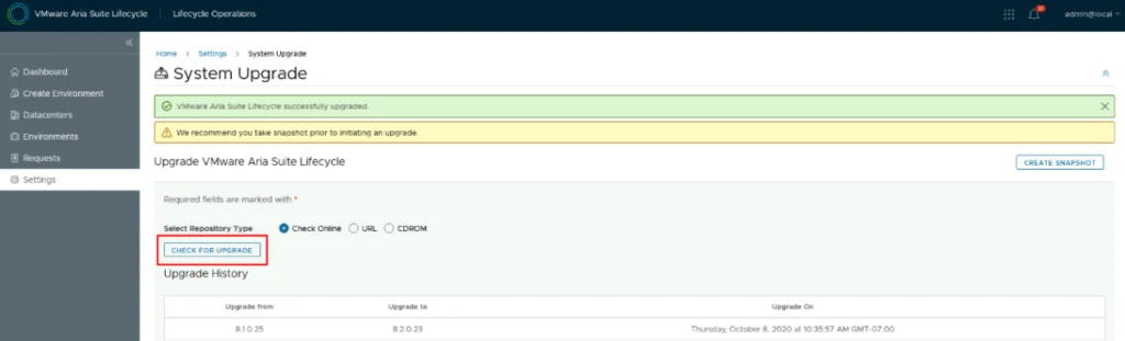 Upgrade page shows “Check for Upgrade” button, upgrade history, and a recommendation to take a snapshot.