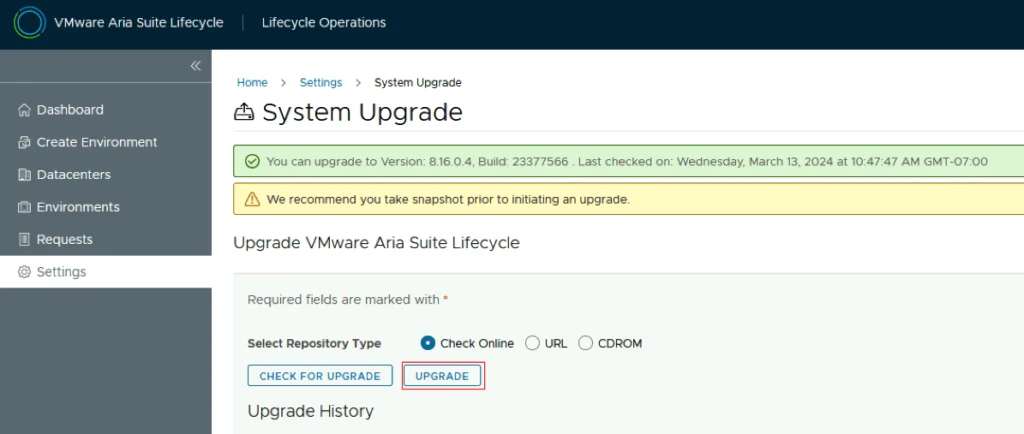 The screenshot shows the “System Upgrade” page with an option to upgrade to version 8.16.0.4.