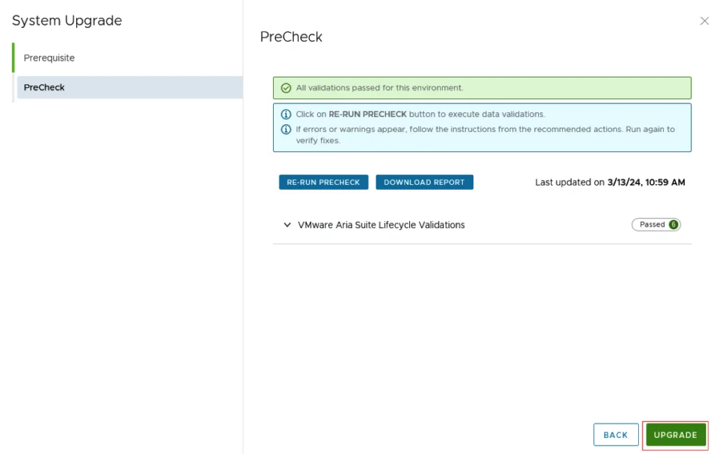 PreCheck confirms upgrade readiness; click “Upgrade” to proceed.