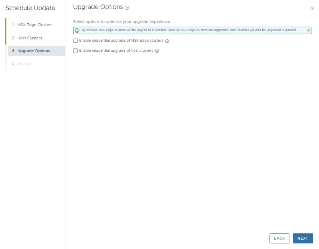 Upgrade Options screen for NSX Edge and Host Clusters; select upgrade methods, then click Next.