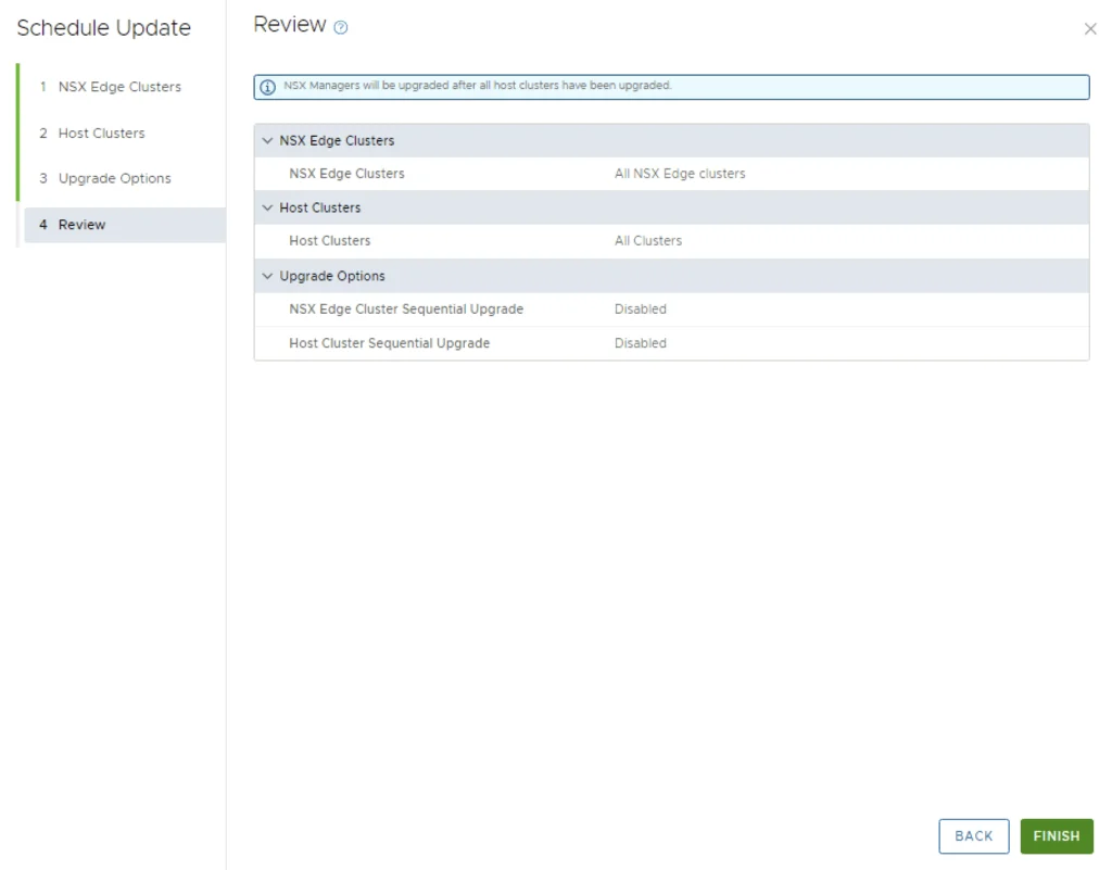 Review page for NSX Edge and Host Clusters upgrade options; click Finish to proceed.