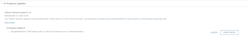 In-Progress Updates showing upgrade details for NSX-T Data Center 4.1.2.3.