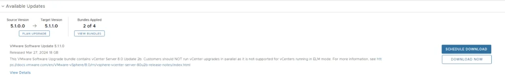 Upgrading VCF 5.x to VCF 5.1.1, showing available updates for vCenter Server 8.0 Update 2b.