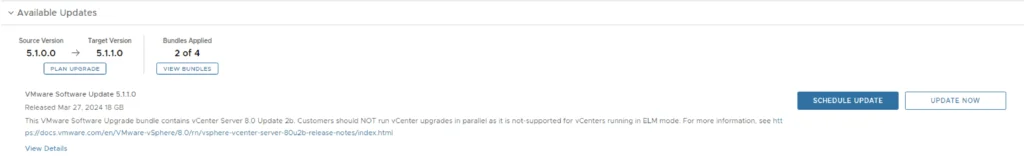 UI shows upgrade options for VCF 5.1.0 to 5.1.1, with 2/4 bundles applied.