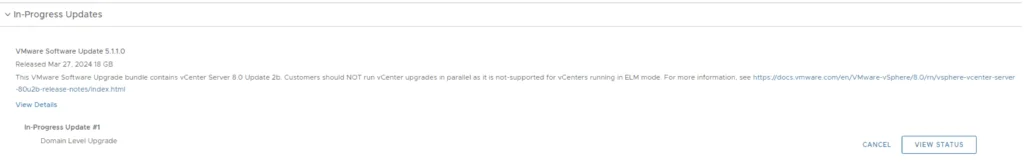 Upgrade status shown for VMware Software Update 5.1.1.0.