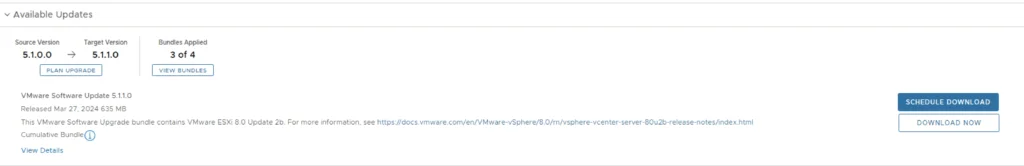 UI shows upgrade details for VMware ESXi 8.0, download options available.