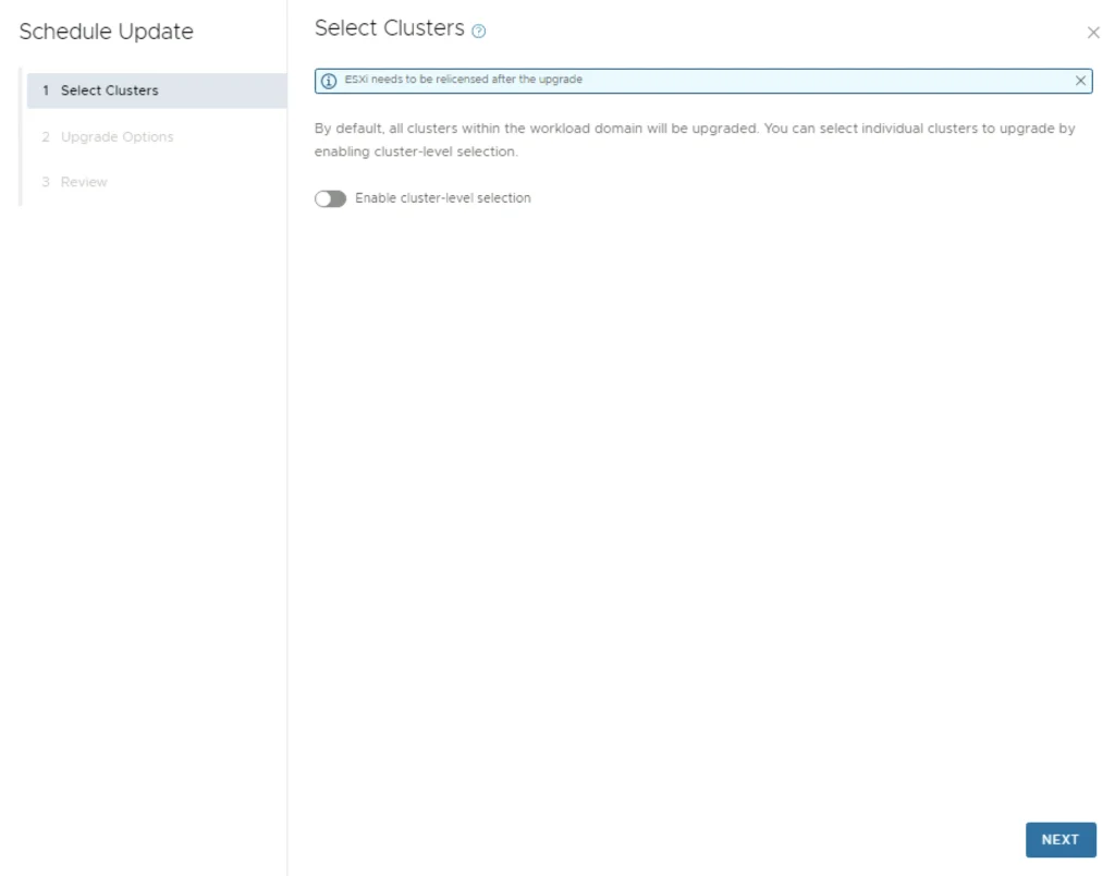 Upgrading VCF 5.x to 5.1.1: Select clusters for upgrade using the wizard.