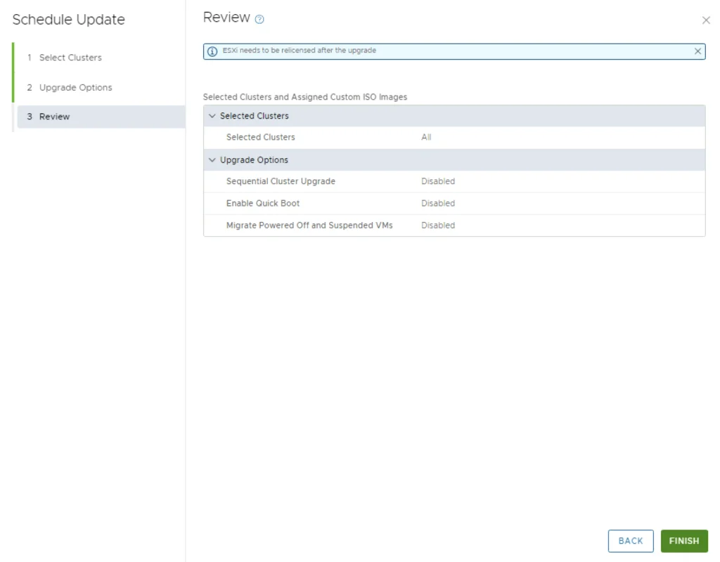 Review page showing upgrade options and a warning about ESXi relicensing.