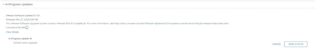 In-Progress Updates show VMware Software Update 5.1.0, with a domain-level upgrade in progress.