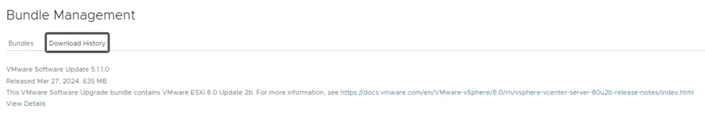 UI shows "Download History" tab under "Bundle Management" for VMware Software Update 5.1.1.0.