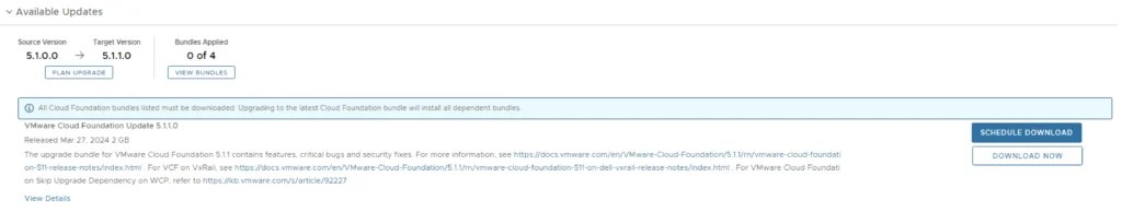 UI shows upgrade details for VMware Cloud Foundation 5.1.1, including version, bundles, and download options.