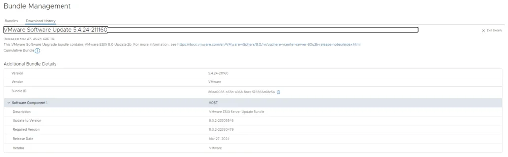 UI shows VMware Software Update details, including Bundle ID and version.