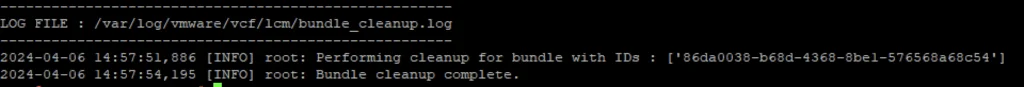 Log shows successful bundle cleanup for ID ‘86da0038-b68d-4368-8be1-576568a68c54’.