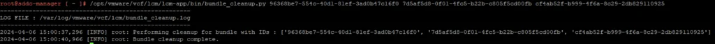 The image shows a terminal output of a bundle cleanup process for VMware VCF, indicating successful completion.