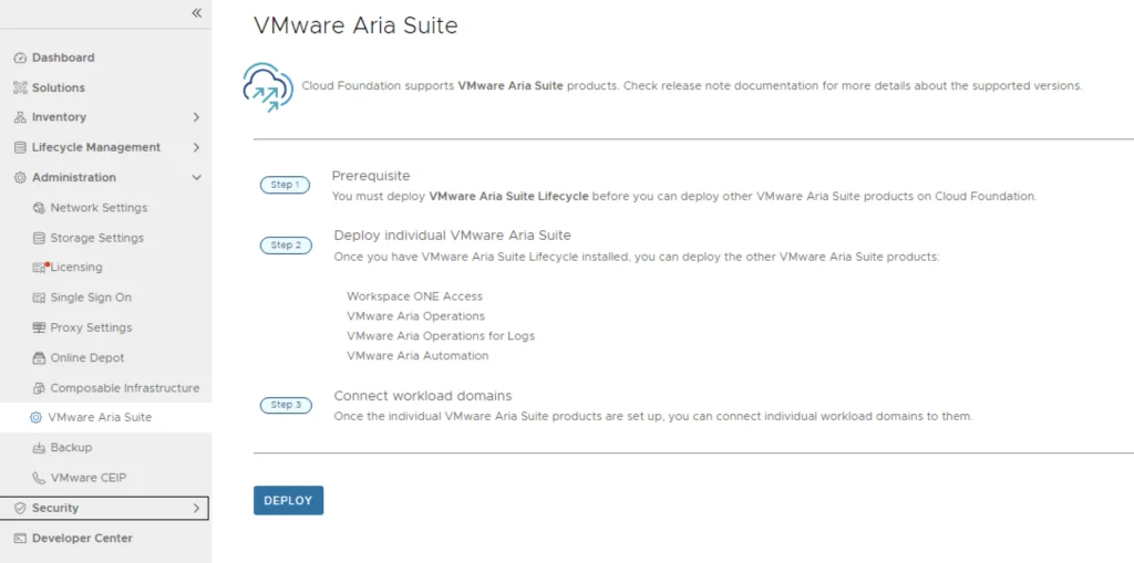 VMware Aria Suite deployment guide shows steps for lifecycle setup, product deployment, and domain connection.