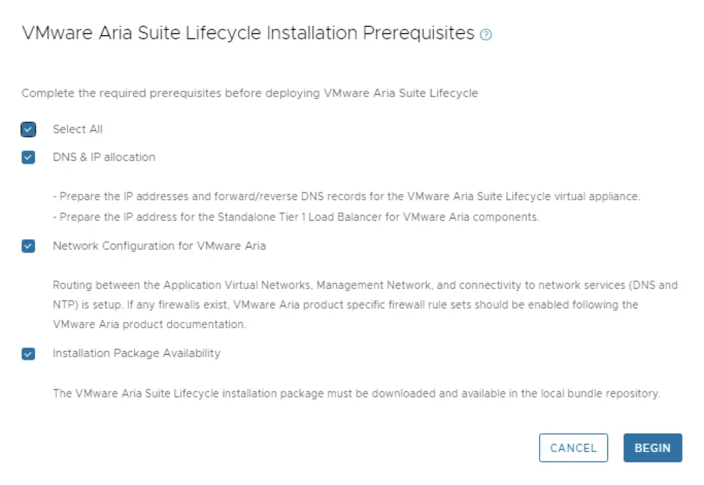 Prerequisites for VMware Aria Suite Lifecycle installation: DNS/IP, network config, package availability. Click BEGIN to start.