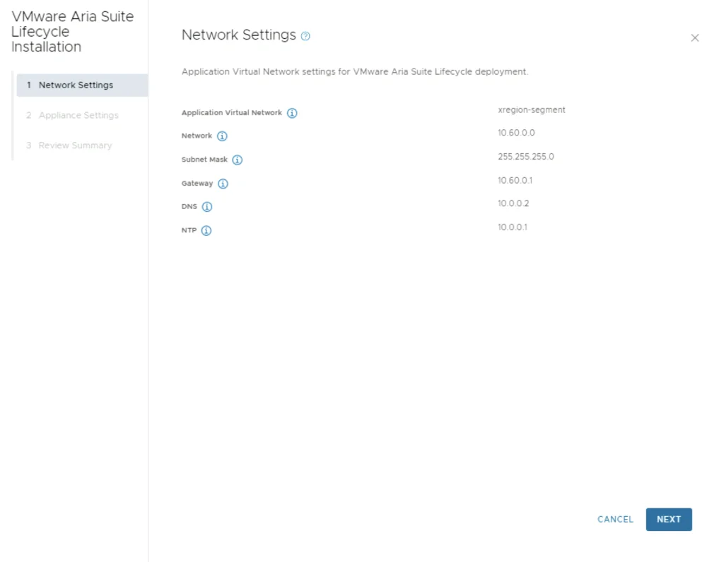 Network settings for VMware Aria Suite Lifecycle deployment shown. Values for Network, Subnet Mask, Gateway, DNS, and NTP are listed.