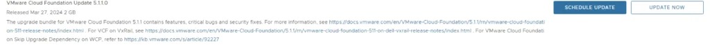 UI shows VMware Cloud Foundation Update 5.1.1, with options to schedule or update now.