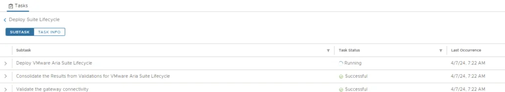 UI shows subtasks for deploying VMware Aria Suite Lifecycle, with statuses and last occurrences.