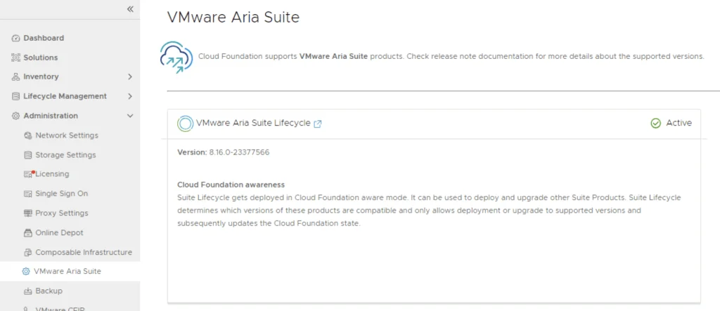 VMware Aria Suite Lifecycle active, version 8.16.0-23377566, shown in Cloud Foundation aware mode.