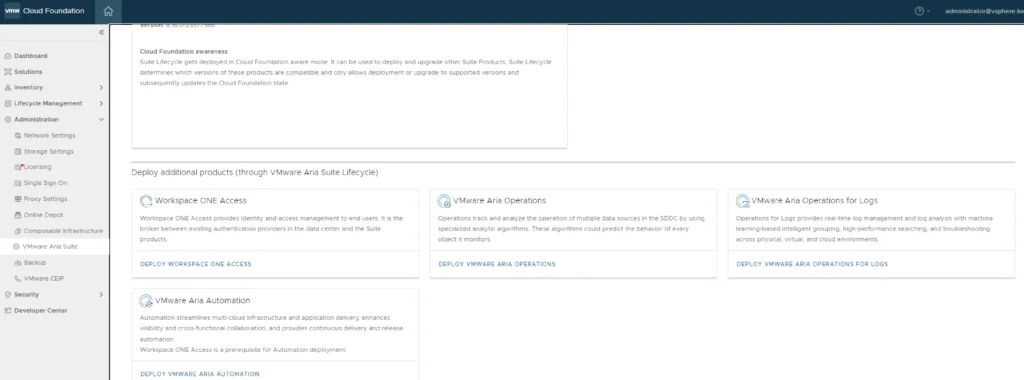 The image shows a section of the VMware Cloud Foundation dashboard with options to deploy additional Aria Suite components like Workspace ONE Access, Aria Operations, and Aria Operations for Logs.