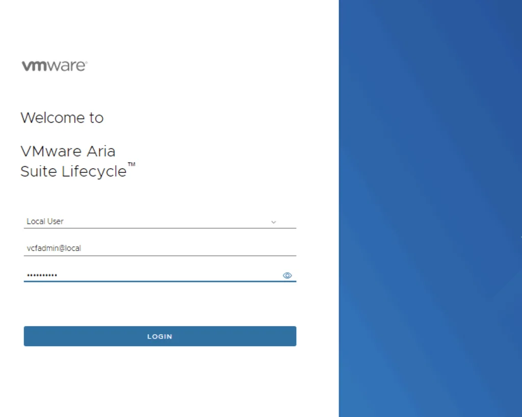 Login screen for VMware Aria Suite Lifecycle with user and password fields visible.