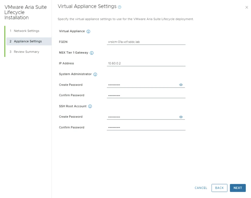 Configure virtual appliance settings for VMware Aria Suite Lifecycle deployment.
