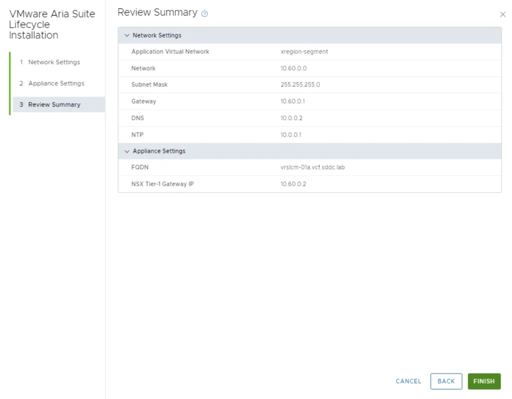 VMware Aria Suite Lifecycle installation review summary showing network and appliance settings.