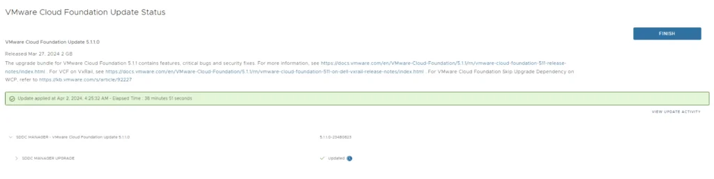 VMware Cloud Foundation Update Status shows progress of 5.1.1.0 upgrade, finished in 38 minutes 51 seconds.