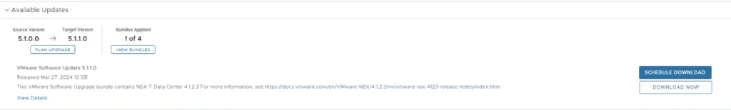 Upgrading VCF 5.1.0 to 5.1.1.0, showing 1 of 4 bundles applied, with options to plan, view, or download.