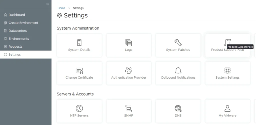 Settings page with various options like System Details, Logs, Product Support Pack, and more.
