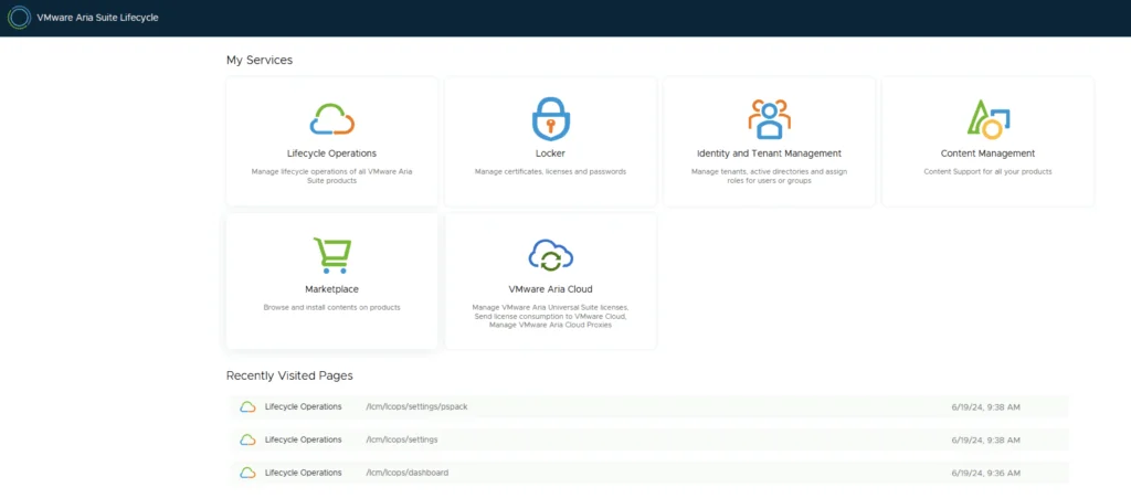 A screenshot of VMware Aria Suite Lifecycle showing services like Lifecycle Operations, Locker, and Marketplace.