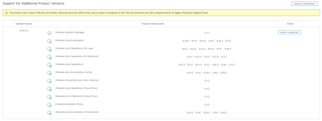 The image shows a list of VMware Aria Suite Lifecycle product versions with an option to apply a version.